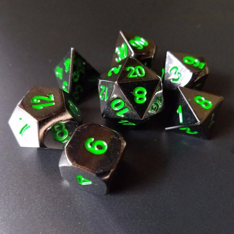 () Metal Polyhedral Dice with Bag Green Red 7 Piece Set DnD RPG