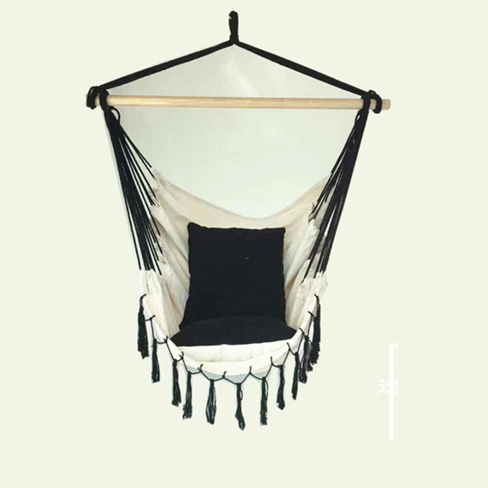 (Black) Tassel Hammock Chair With Rod Outdoor Indoor Dormitory Bedroom Yard Travel Camping For Child Adult Swinging Single Safety Chair Hammock