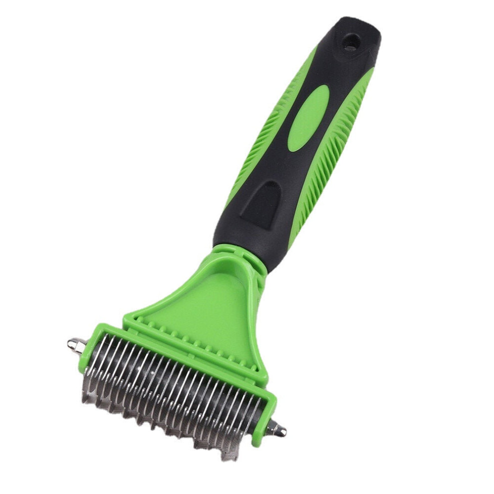 (Green) 3 in 1 Dual Sided Dog Cat Hair Fur Shedding Trimmer Stainless Steel Grooming Dematting Rake Comb Brush