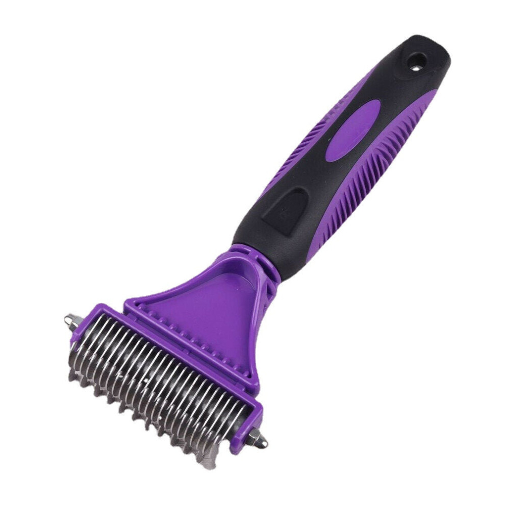 (Purple) 3 in 1 Dual Sided Dog Cat Hair Fur Shedding Trimmer Stainless Steel Grooming Dematting Rake Comb Brush