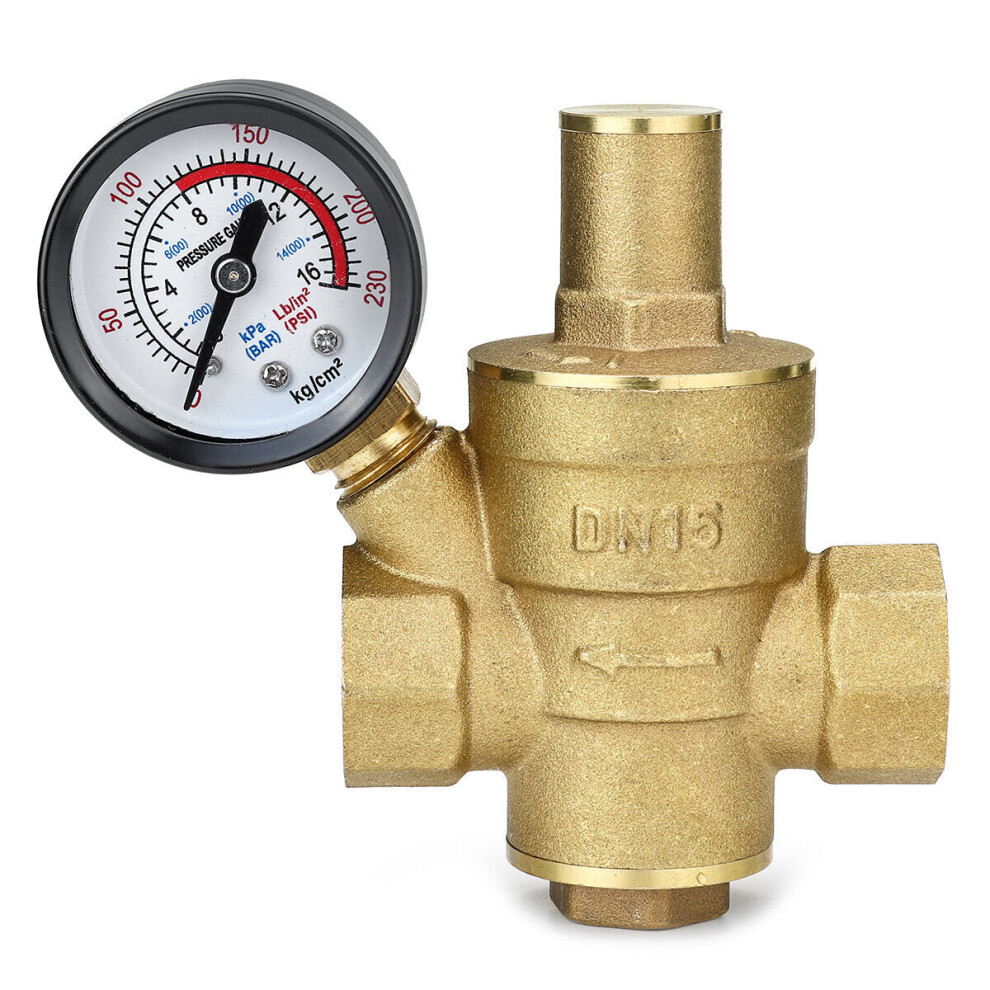 Water Pressure Regulator 16mm Brass Adjustable Reducer DN15 With Gauge Meter