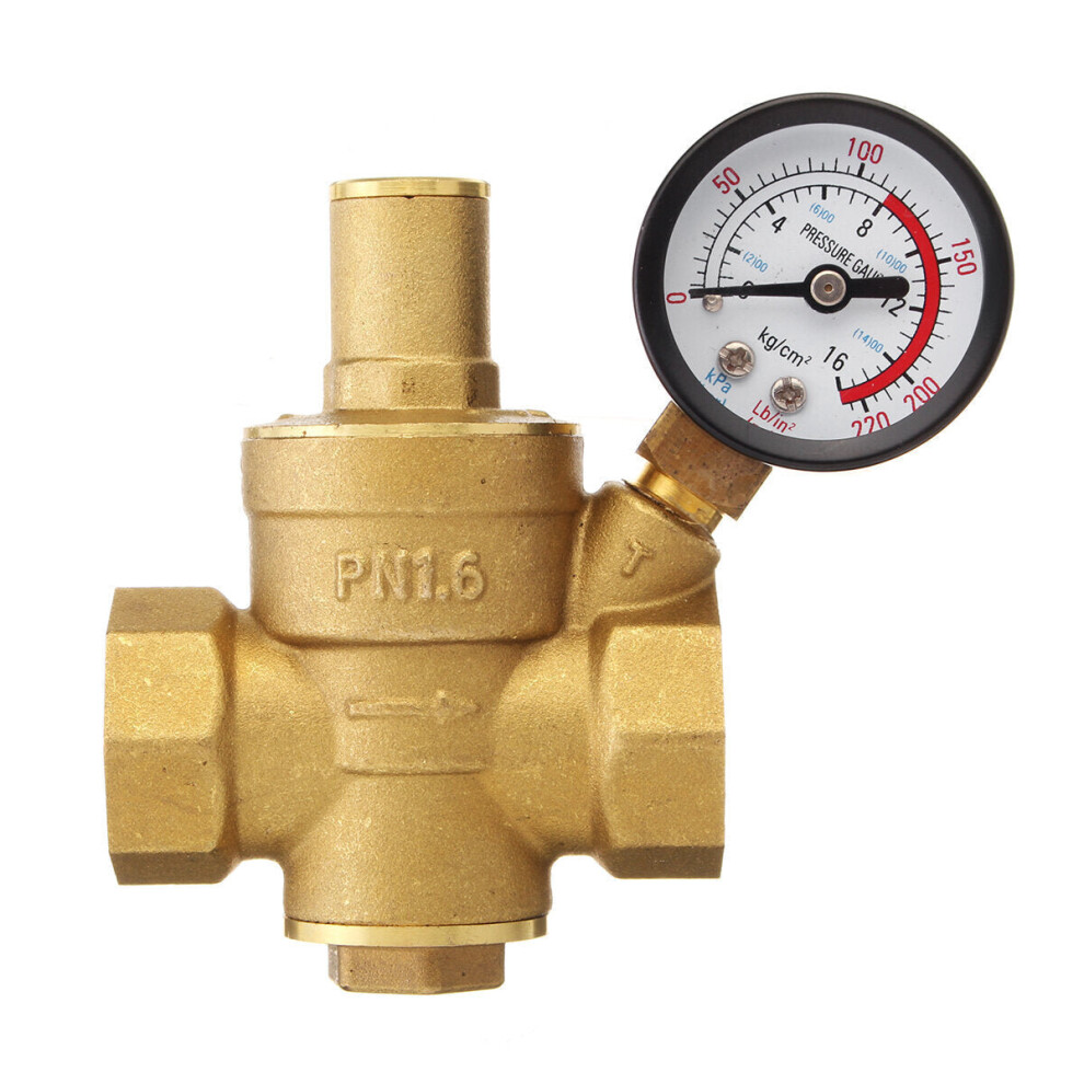 3/4" Adjustable Brass Water Pressure Regulator Reducer with Gauge Meter