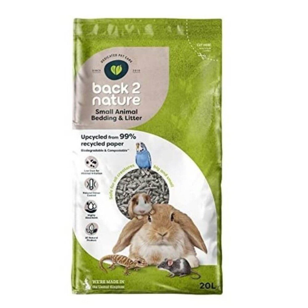 Back 2 Nature Small Animal Bedding & Litter 20L - 99% Recycled Paper, Odour Control, Biodegradable & Long-Lasting