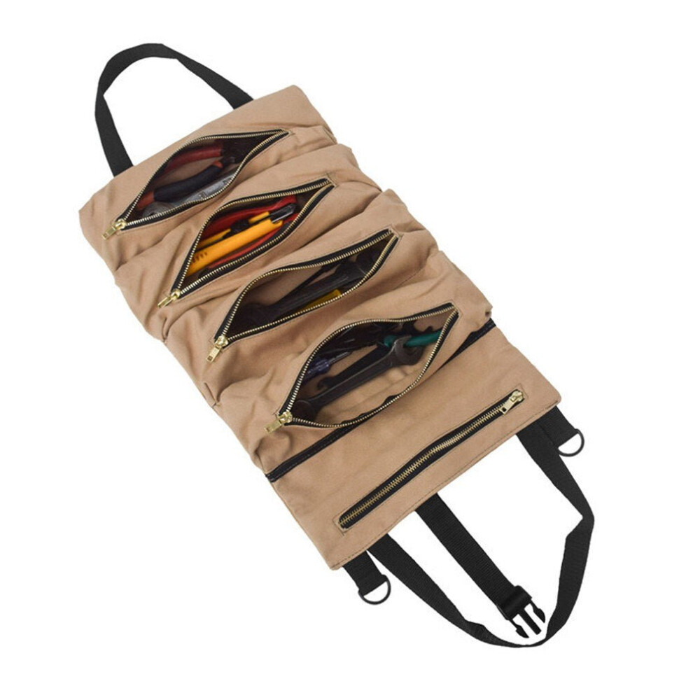 (khaki) Roll Tool Multi-Purpose Up Bag Wrench Pouch Hanging Zipper Carrier Tote Canvas Car Organizer 5 Pockets Portable