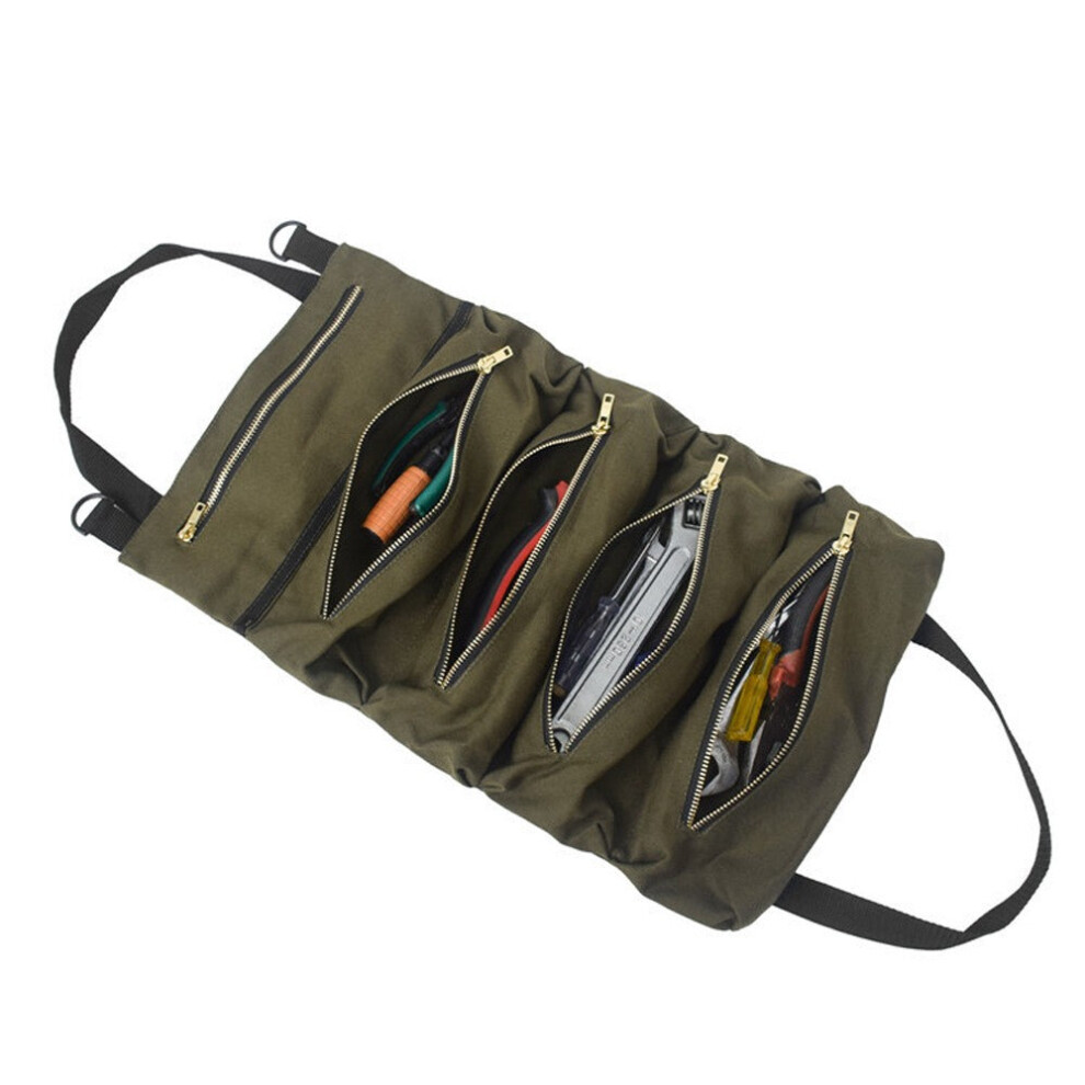 (ArMy Green) Roll Tool Multi-Purpose Up Bag Wrench Pouch Hanging Zipper Carrier Tote Canvas Car Organizer 5 Pockets Portable