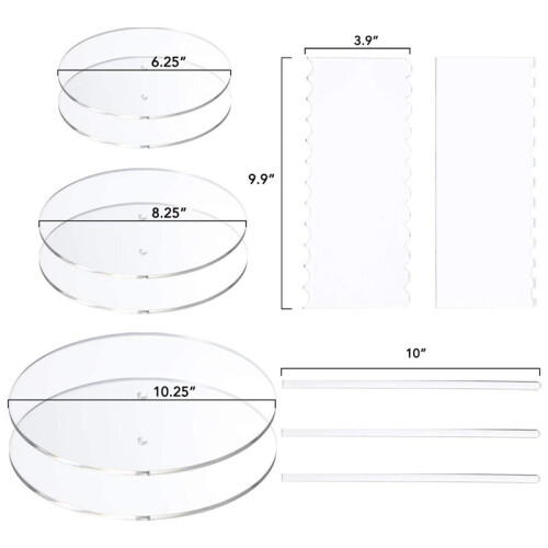 Acrylic Round Cake Disk Set - Cake Discs Circle Base Boards with Center Hole - 2 Comb Scrapers 1