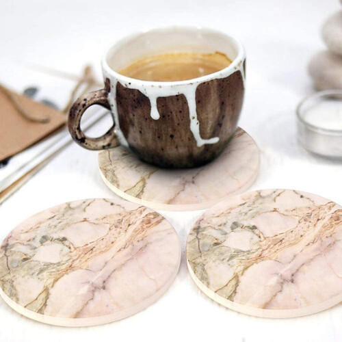 6 Pack Marble Pattern Coasters Round Absorbent Stone Coaster Set with Ceramic Stone and Cork Ba 2