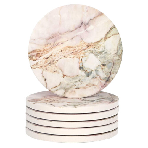 6 Pack Marble Pattern Coasters Round Absorbent Stone Coaster Set with Ceramic Stone and Cork Ba