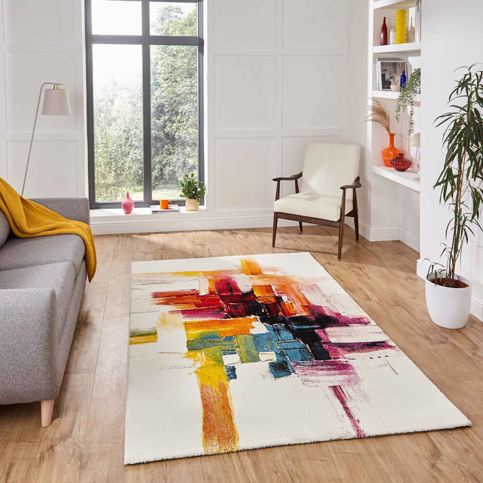 (120 x 170 cm) Modern Abstract Contemporary Rug  Multi Coloured Funky Colourful Rainbow Rug Small Medium Large Carpet Mat  By Think Rugs