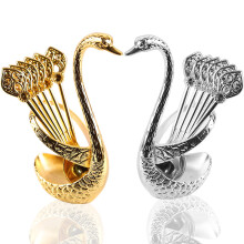 7Pcs Swan Fruit Base Holder Forks Set Stainless Steel Salad Dessert Forks Coffee Spoon Cake Tab
