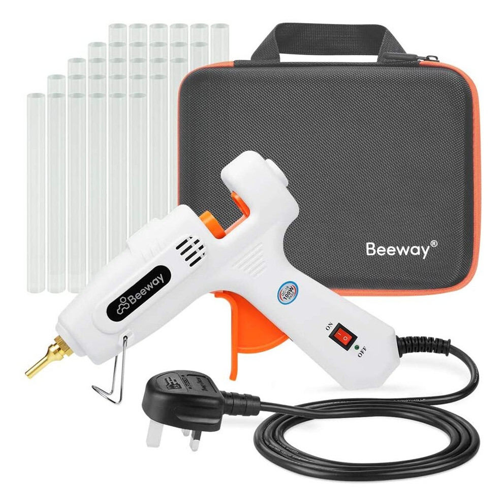 Beeway Hot Glue Gun 100W - inc. 30 Pack 11.2mm x 150mm Glue Sticks, Extra Long Copper Nozzle, Compact Storage Carrying Case -...