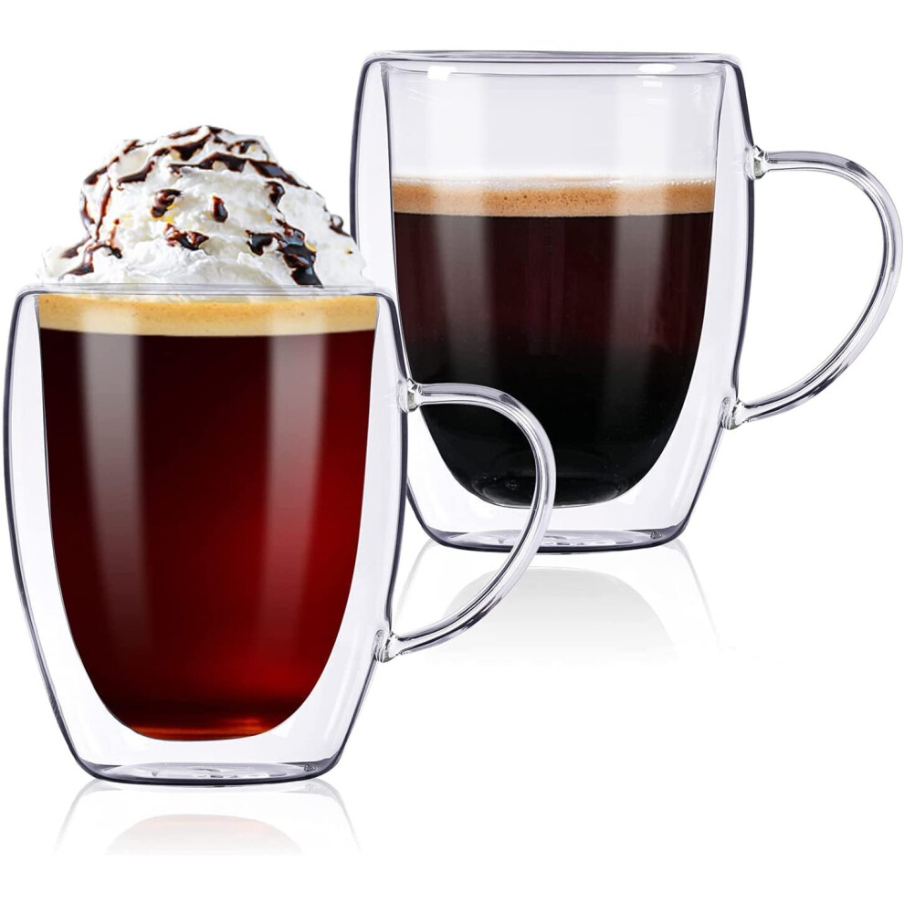 CHARMDI 350ml Double Walled Coffee Glass Mugs, Set of 2 Cappuccino Latte Coffee Glasses Cups with Handle, Heat Resistant Cups...