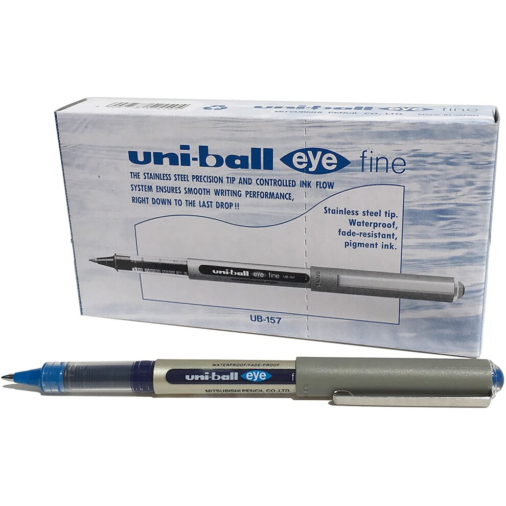 uni-ball UB-157 Eye Fine Rollerball Pens, Blue Uni Super Ink, .7mm Nib, Box of 12