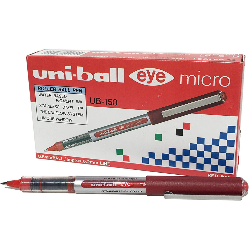 uni-ball UB-150 Eye Micro Rollerball Pens, Red Uni Super Ink, .5mm Nib, Box of 12