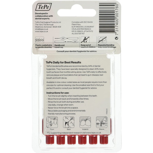 Tepe TEPE 0.5mm Interdent Red Brushes, Pack of 6 1