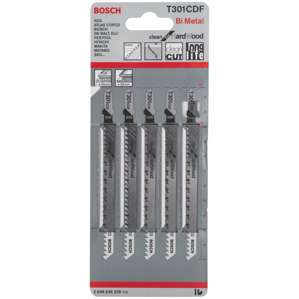 Bosch Professional 5 X Jigsaw Blade T 301 Cdf Clean For Hard Wood (For Hardwood, Straight Cut, Accessories Jigsaw)