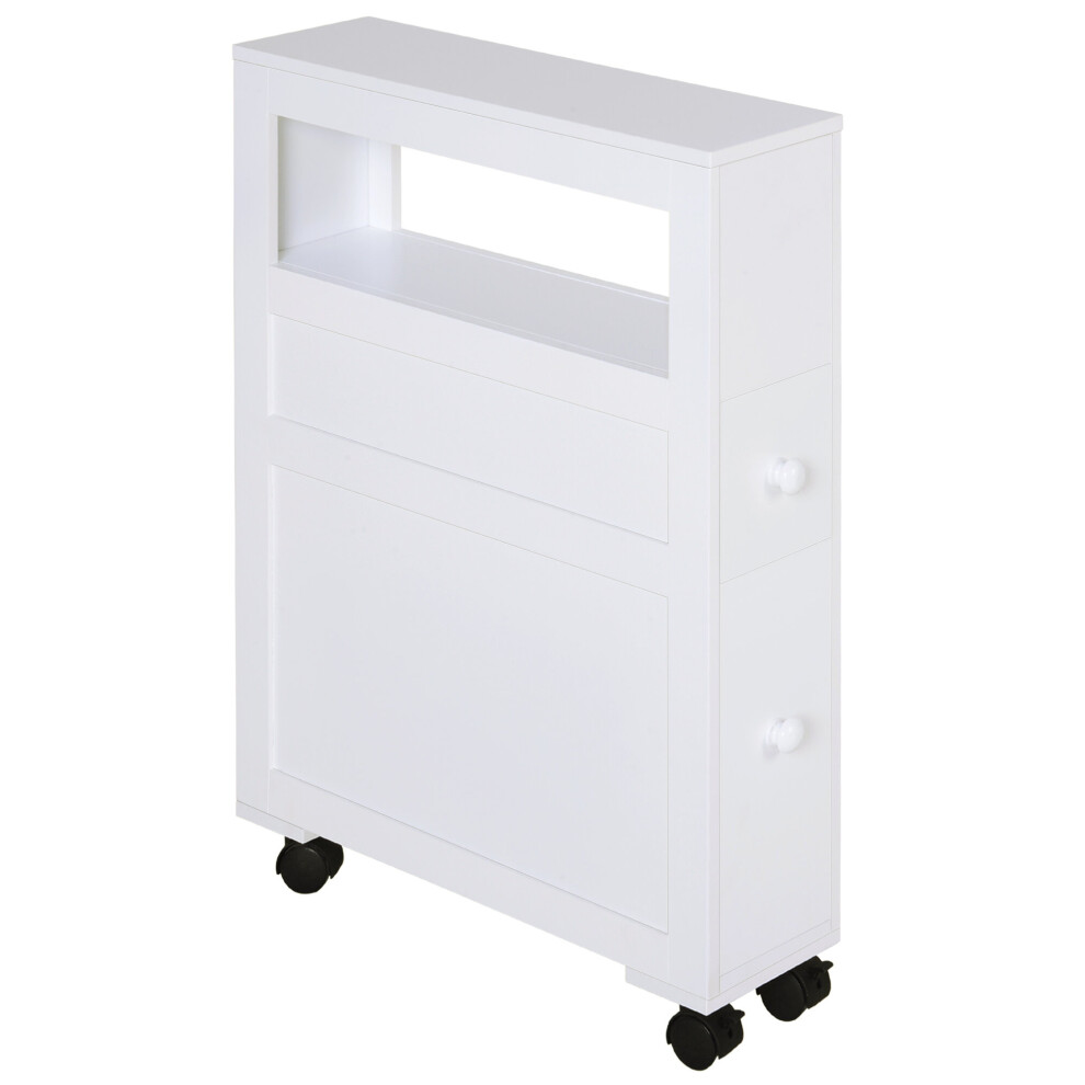 Homcom 72X16cm Narrow Bathroom Storage Unit - 2 Drawers & Open Top, White Mdf, 4 Castors, 834-180V01