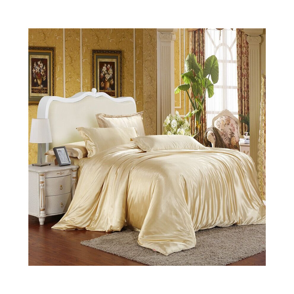 (Camel, King) 4pc Comfortable Satin Silk Fitted Sheet Bed Flat Sheet Bedding Set Pillow Case