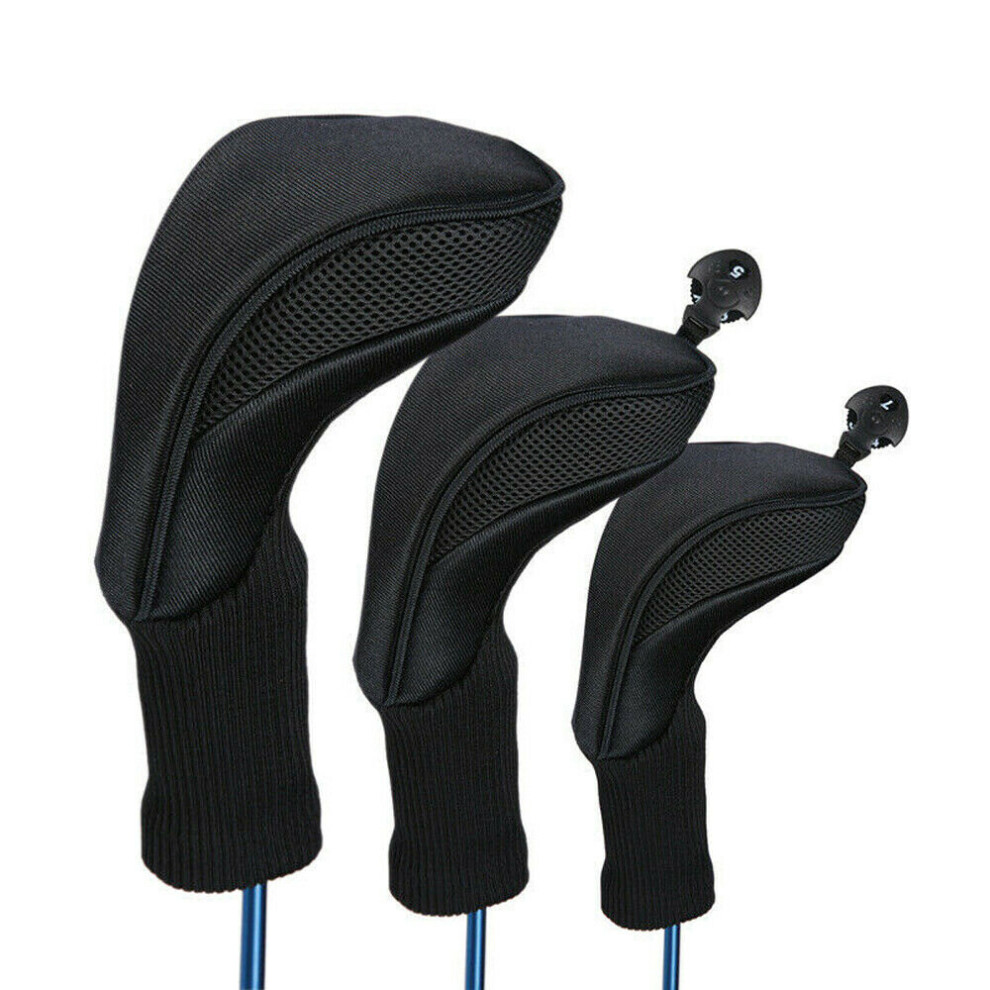 (Black) 3Pcs Golf Club Head Covers Sets Driver 1 3 5 Fairway Woods Headcovers Long Neck