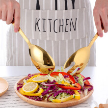 Big Salad Spoon Fork Set Stainless Steel Kitchen Food Server Pasta Utensils Public Gold Tablewa