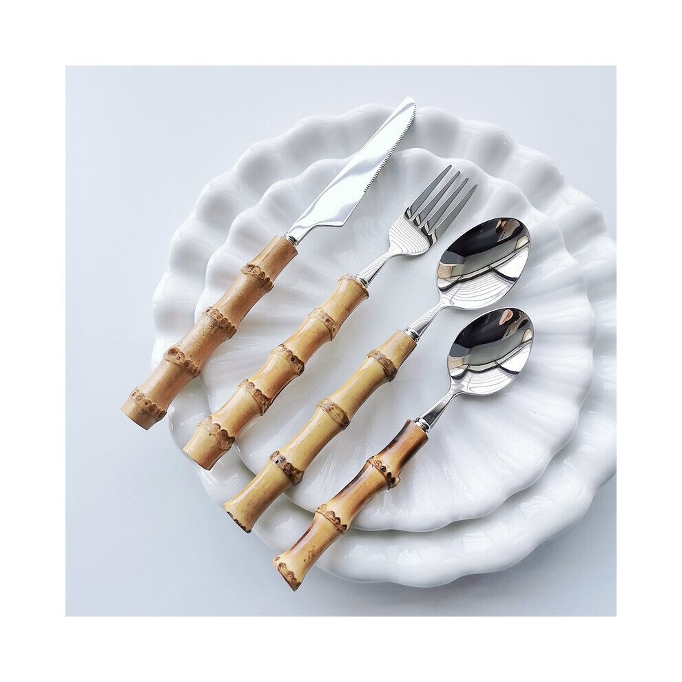 4/16/24/32Pcs Dinnerware Sets Original Nature Bamboo Handle Stainless Steel Upscale Cutlery For