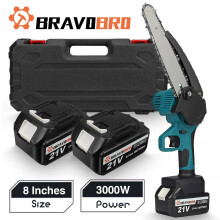 BRAVOBRO 3000W 21V 8 Inch Electric Saw Chainsaw with 1/2 Battery Oil Spray Rechargeable Woodwor