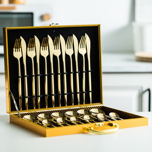 24Pcs Gold Dinnerware Set Stainless Steel Tableware Set Knife Fork Spoon Flatware Set Christmas 1