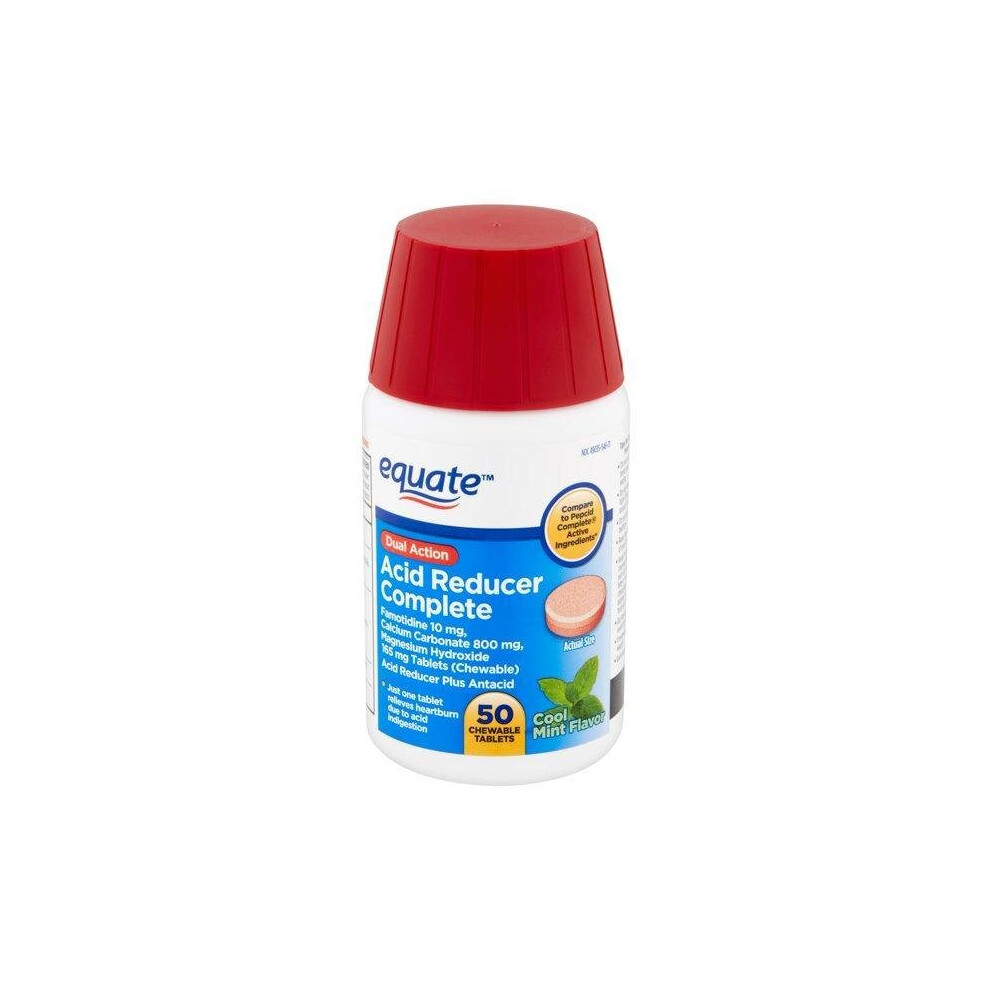 Equate Dual-Action Complete, Chewable Acid Reducer & Antacid Tablets, Mint Flavor, Helps Relieve Heartburn Due To Acid Indigestion, 50 Count
