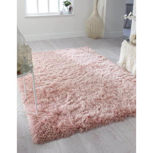 Sparkle Shaggy Rug Glamour Silky Soft Thick 6.5cm Pile Dazzle Blush Pink Carpet on OnBuy