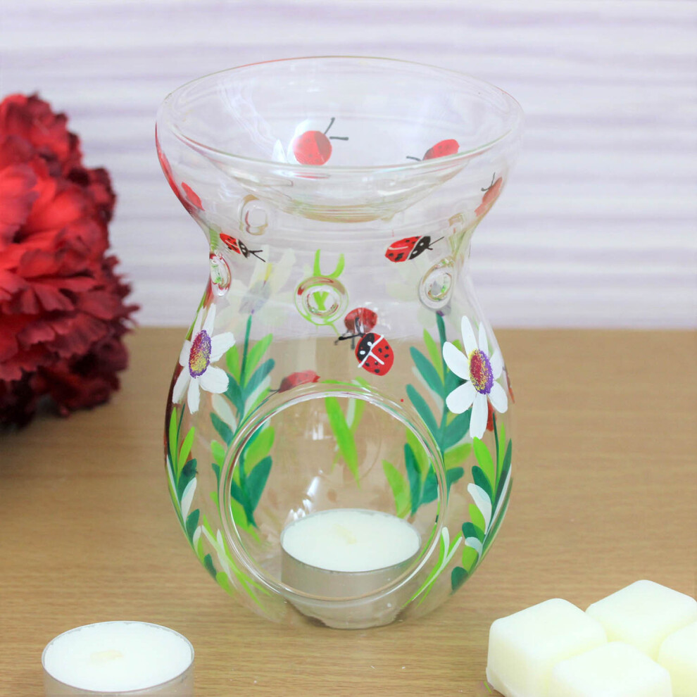 Glass Oil Burner Wax Warmer Tealight Holder Ladybirds Red Beetle Design Floral