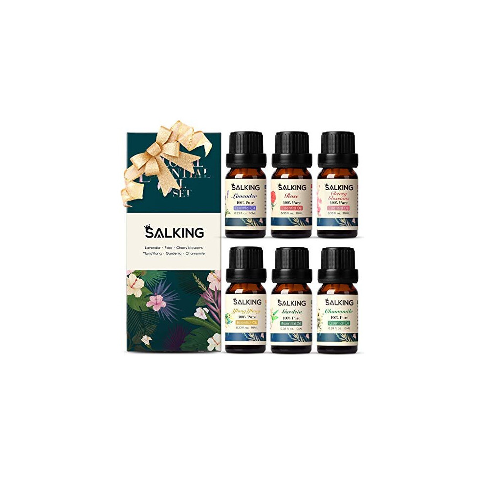 Essential Oils Gift Set, SALKING 100% Pure Aromatherapy Therapeutic Grade Scented Oils for Oil Diffusers,6 x 10 ml(Lavender, Rose, Cherry Blossom