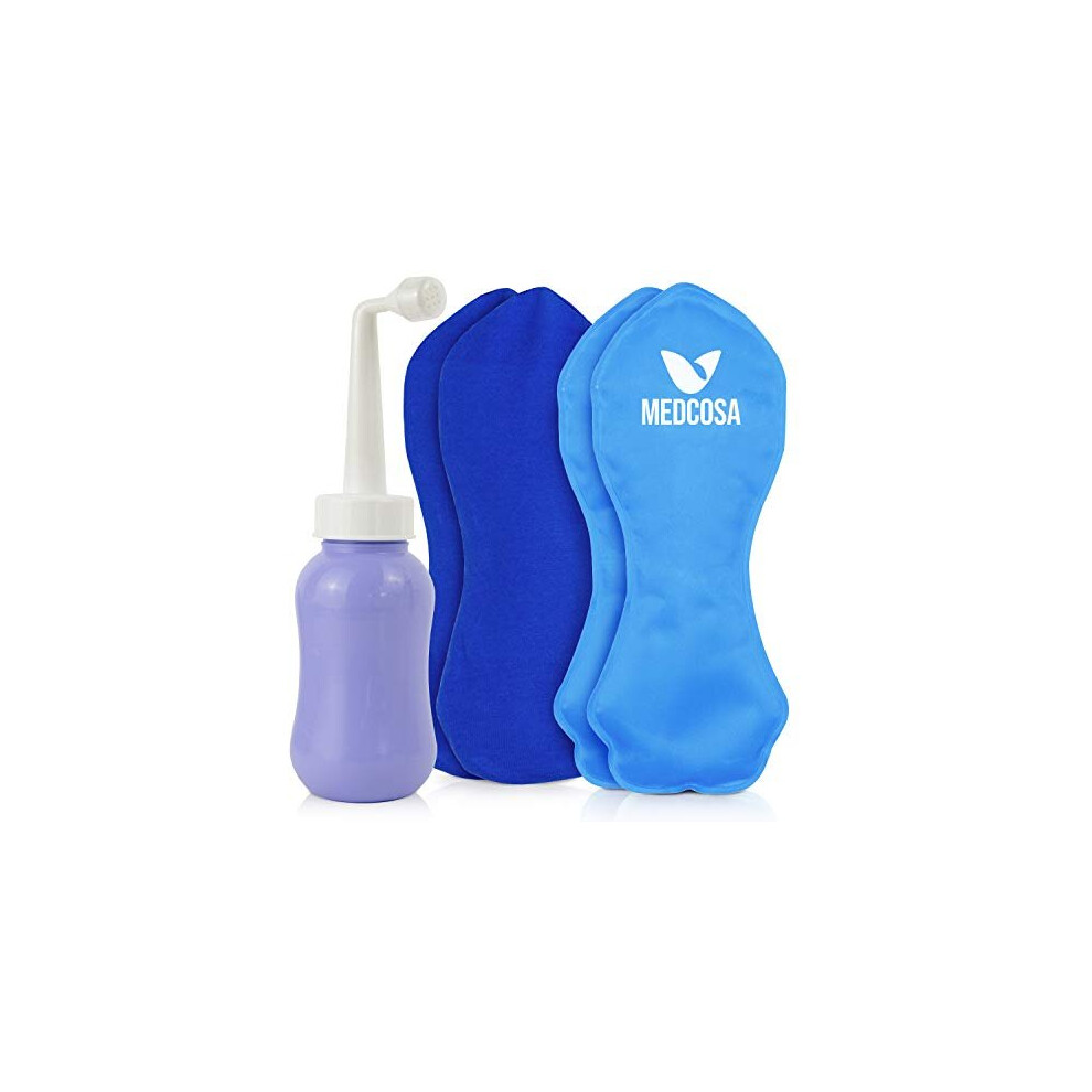 Medcosa Female Ice Pack and Perineal Bottle Set | Reusable Perineal Cold Packs & Portable Bidet Spray Bottle for Postpartum Pain Relief, Perinata