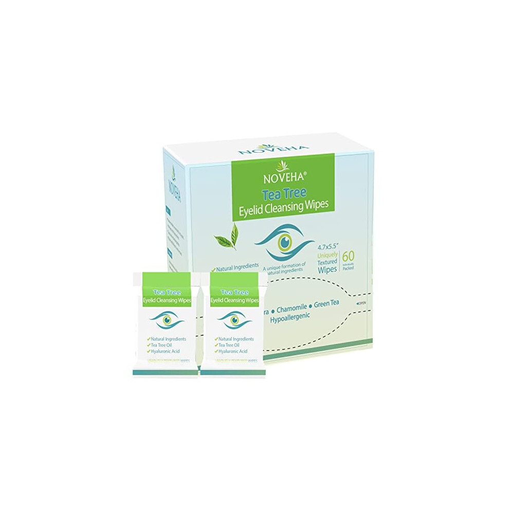 Noveha Tea Tree Oil Eyelid & Lash Wipes | With Hyaluronic Acid, Tea & Chamomile For Blepharitis & Itchy Eyes, Box Of 60 Individually Wrapped Eyela Green