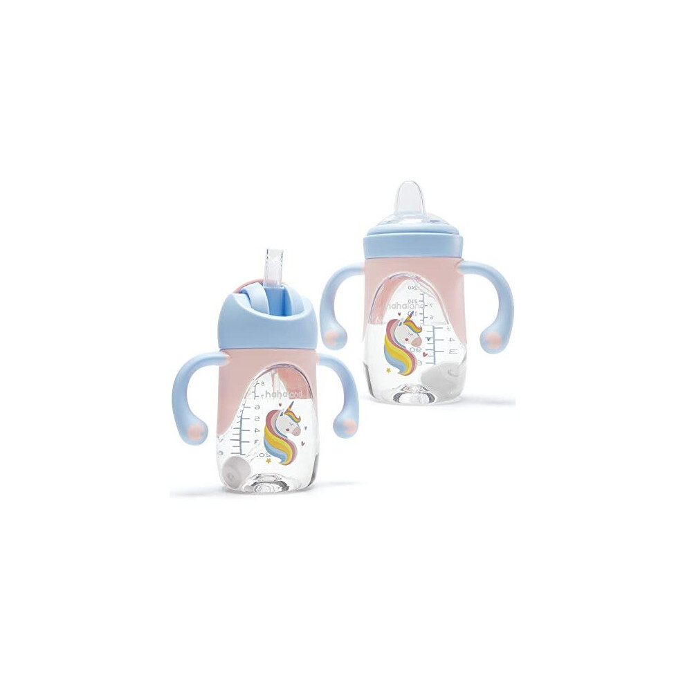 hahaland 2 in 1 Baby Cups & Sippy Cup with Straw and a Spout 240ML, Toddler Drinks Water Bottles Trainer Cup with Handles for Babies 6 12 Months