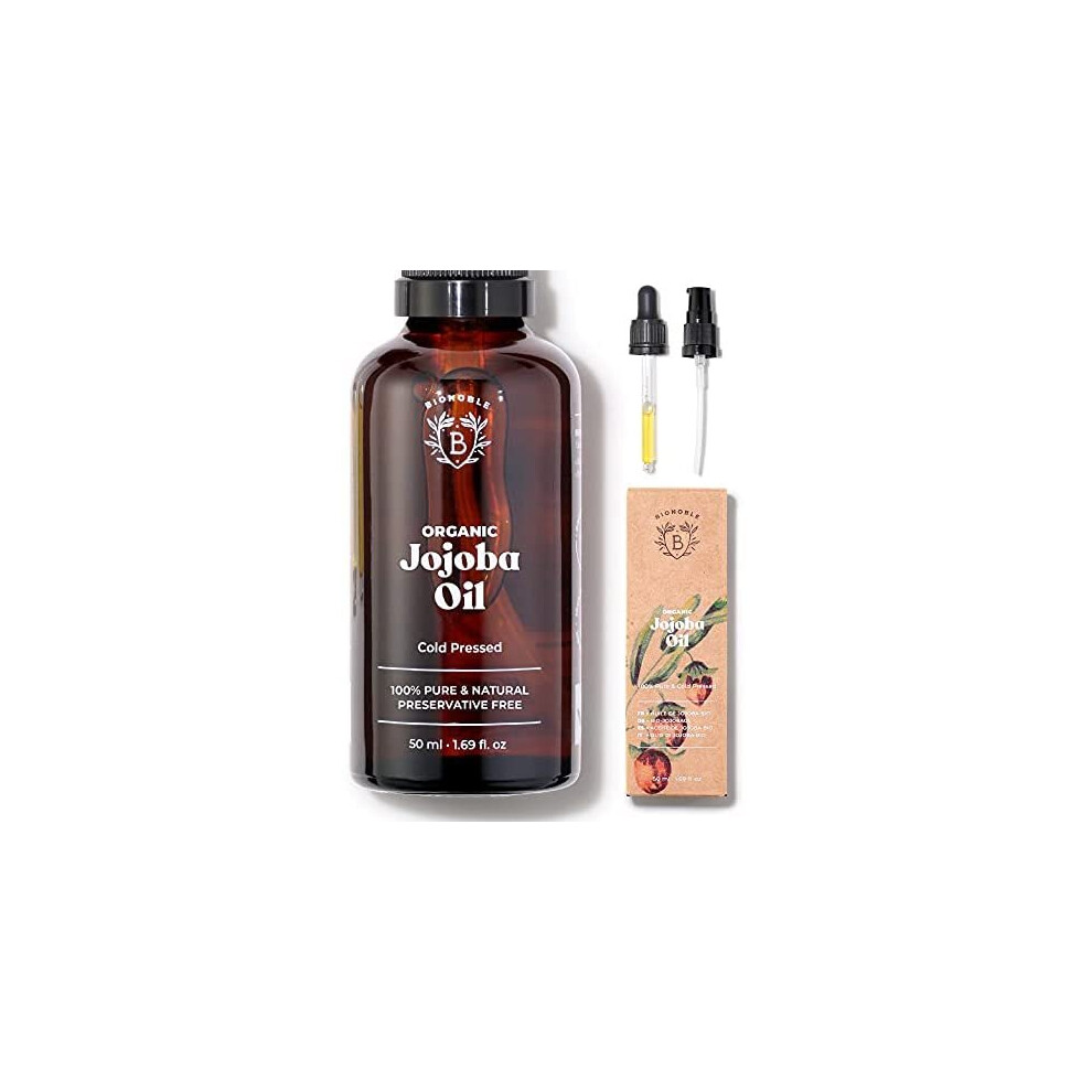 Bionoble Organic Jojoba Oil | 100% Pure, Natural & Cold Pressed | Face, Body, Hair, Beard, Nails | Vegan & Cruelty Free | Glass Bottle + Pipette + Pump (5