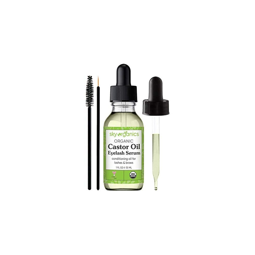 Organic Castor Oil Eyelash Serum by Sky Organics (30 ml) USDA Organic Cold-Pressed 100% Pure Castor Oil Natural Eyelash Serum Hexane-free Castor