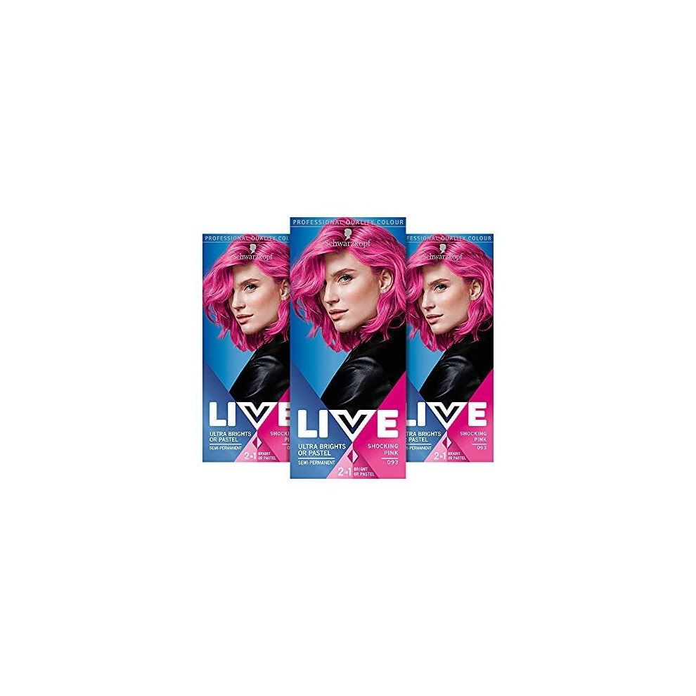 Schwarzkopf LIVE Ultra Bright or Pastel Pink Hair Dye, Pack 3, Semi-Permanent Colour lasts up to 15 washes - 093 Shocking Pink