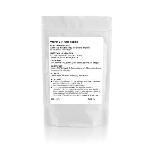 100 x Vitamin B2 100mg Tablets, Riboflavin, Visual Nervous System, UK 1