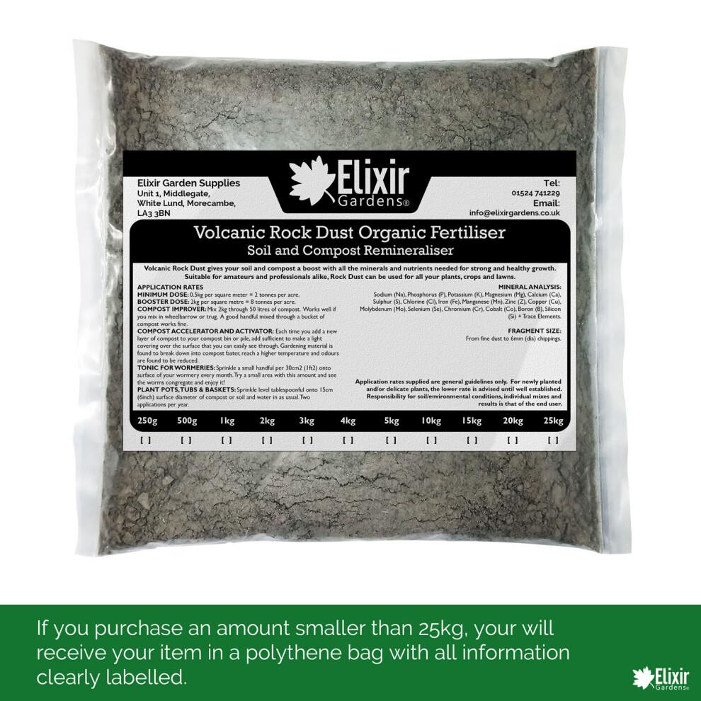 (20kg, Bag) Elixir Gardens | Volcanic Rock Dust Organic Fertiliser | Soil Re-Mineraliser and Compost Activator | 500g - 25kg