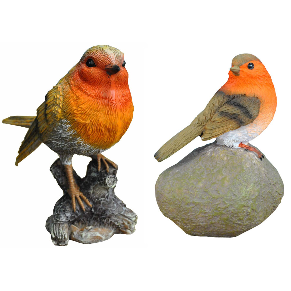 Robin on a Stone & Stump Resin Garden Ornaments (Set of 2)