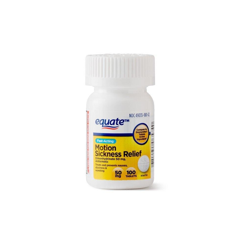 Equate Fast Acting Motion Sickness Relief Dimenhydrinate Tablets, 50 mg, 100 Ct