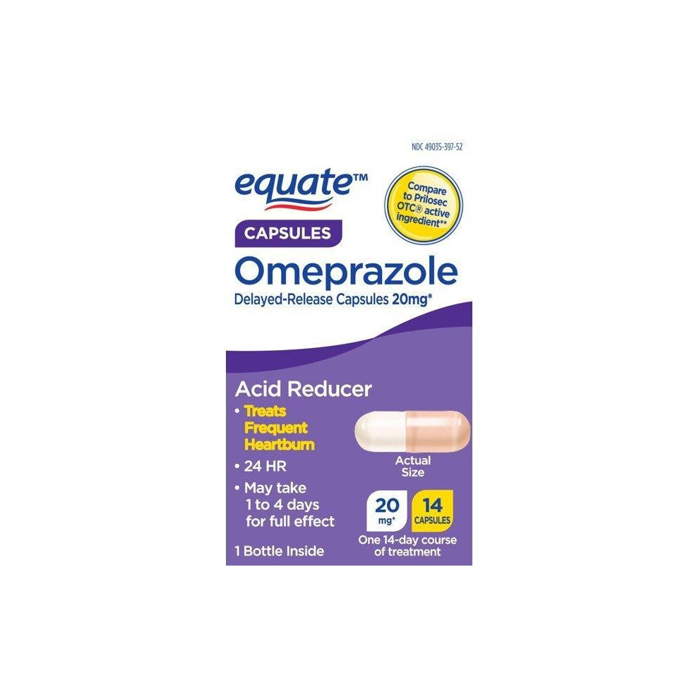 Equate Omeprazole 14-Day Course Delayed-Release Acid Reducer Capsules, 20Mg