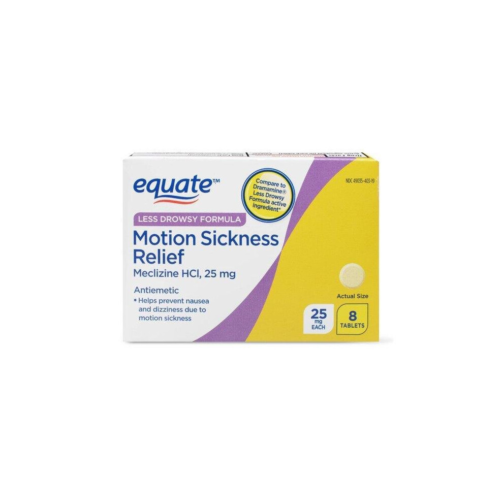 Equate Less-Drowsy Motion Sickness Relief Tablets, 25 Mg, 8 Count