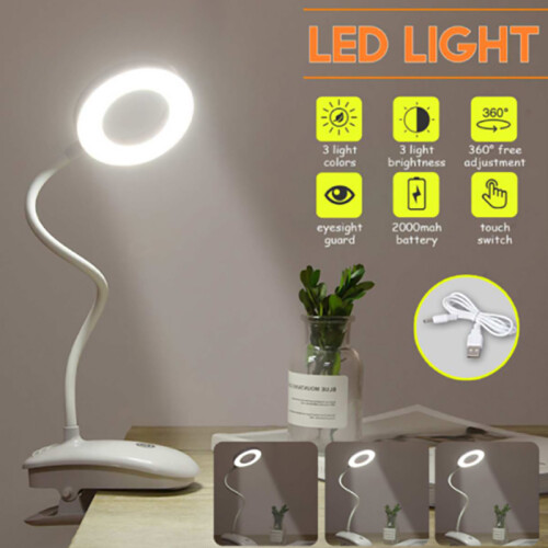 Flexible Clip On LED Reading Light Desk Bed Night Lamp Rechargeable