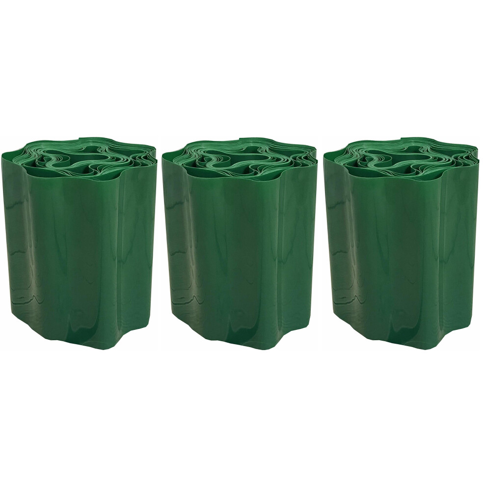 Set of 3 Green Plastic Garden Lawn Edging (9m x 15cm Roll)