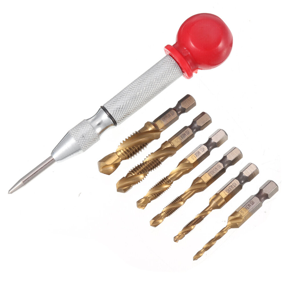 New Drillpro 6Pcs M3-M10 Combination Drill Tap Bit Hss Titanium Coated Deburr Countersink Bits With Aotumatic Center Punch 623414381017
