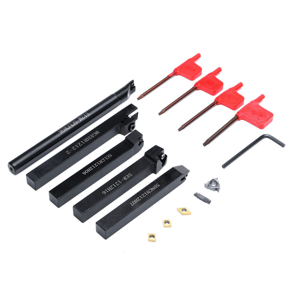 New 5Pcs 12Mm Shank Turning Tool Holder Set With Inserts Blade Wrench For Bench Lathe Cnc 623414380010