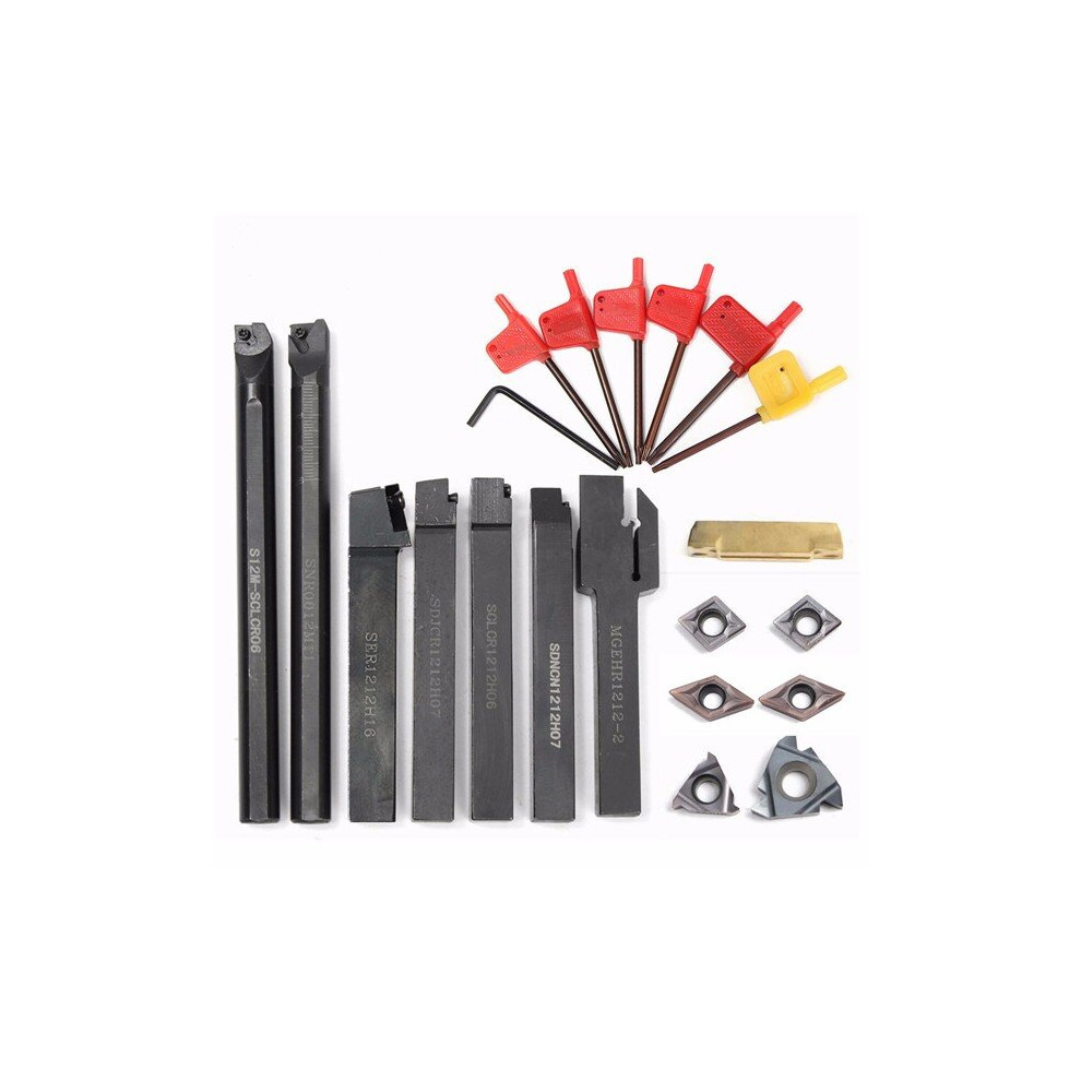 New 7Pcs 12Mm Shank Lathe Turning Tool Holder Boring Bar With 7Pcs Carbide Insert And Wrench 623414380256