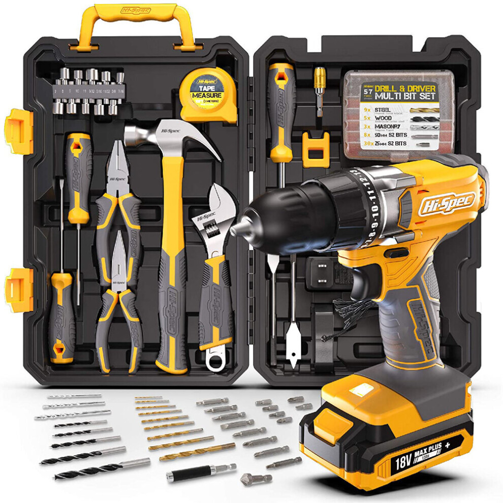 New Hi-Spec 80 Piece 18V Drill Driver & Home Garage Tool Kit Set Complete DIY Repair with Electric Power Screwdriver & Drill for The Househ