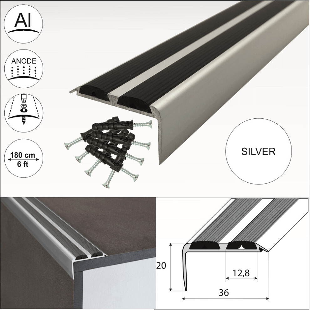 (Silver With Rubber Insert, 0.9m) A37 Aluminium Non Slip Rubber Stair Nosing Trim